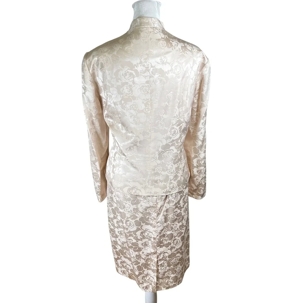 Papell Petites Womens Pink Champagne 100% Silk Floral Jacquard Skirt Suit Set 14